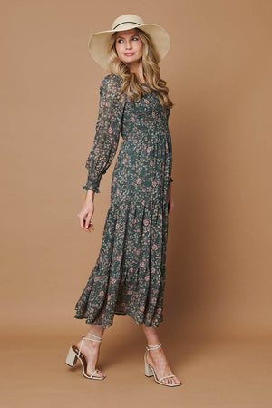 Sage | Ditsy Floral Long Sleeve Midi Dress