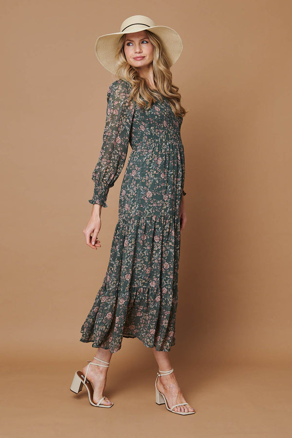 Sage | Ditsy Floral Long Sleeve Midi Dress