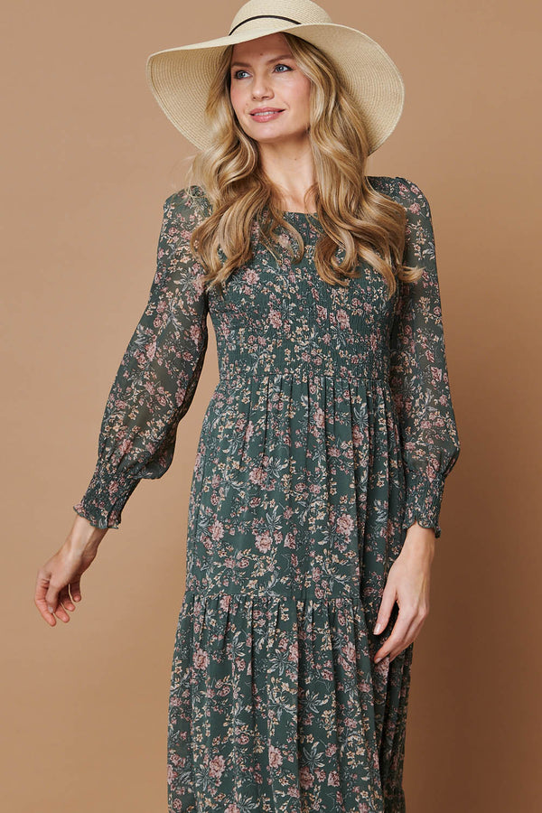 Sage | Ditsy Floral Long Sleeve Midi Dress