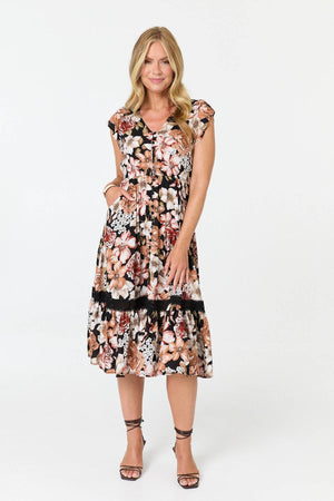 Black | Floral Cap Sleeve Relaxed Midi Dress