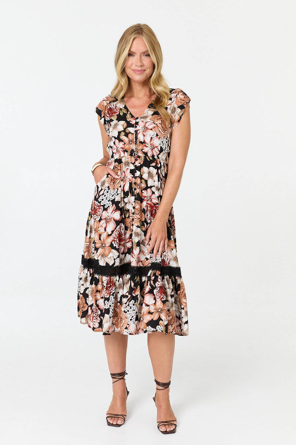 Black | Floral Cap Sleeve Relaxed Midi Dress