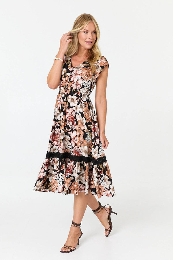 Black | Floral Cap Sleeve Relaxed Midi Dress