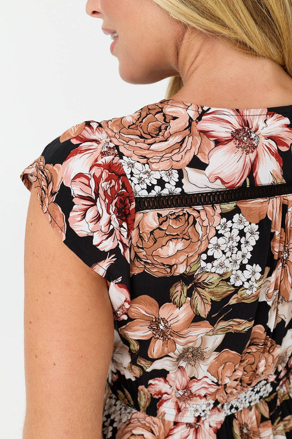 Black | Floral Cap Sleeve Relaxed Midi Dress