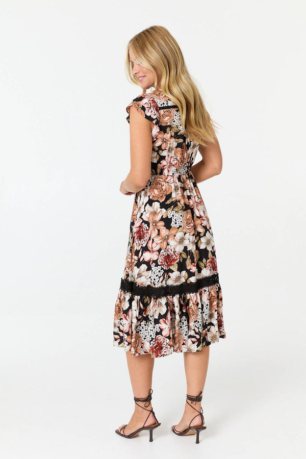 Black | Floral Cap Sleeve Relaxed Midi Dress