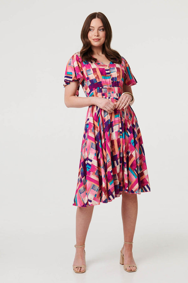 Pink | Geo Print Angel Sleeve Midi Dress