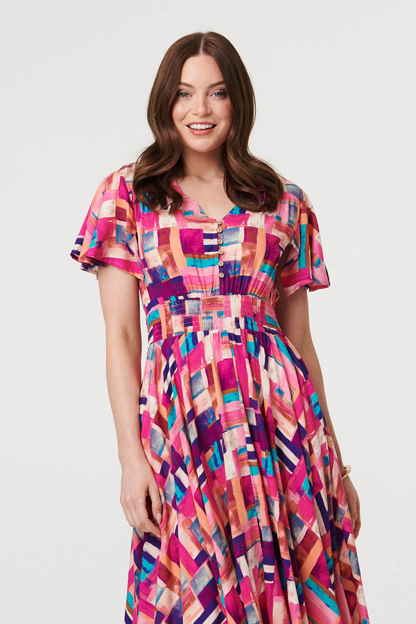 Pink | Geo Print Angel Sleeve Midi Dress