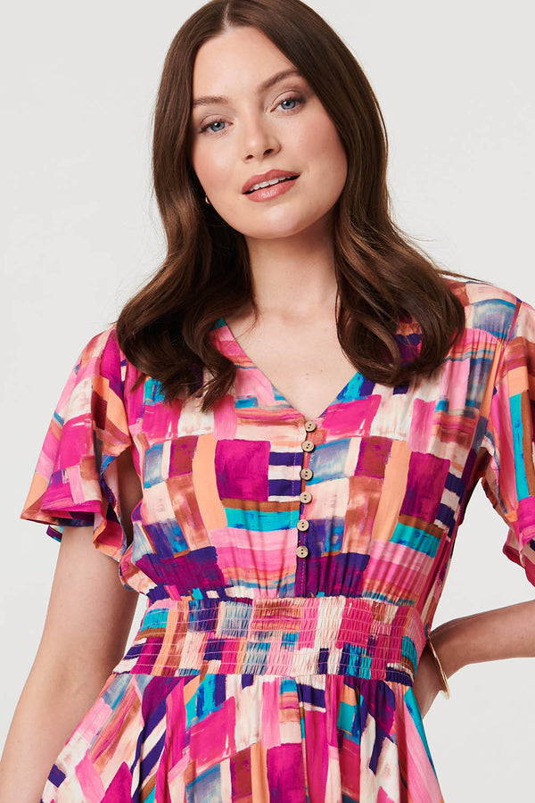 Pink | Geo Print Angel Sleeve Midi Dress