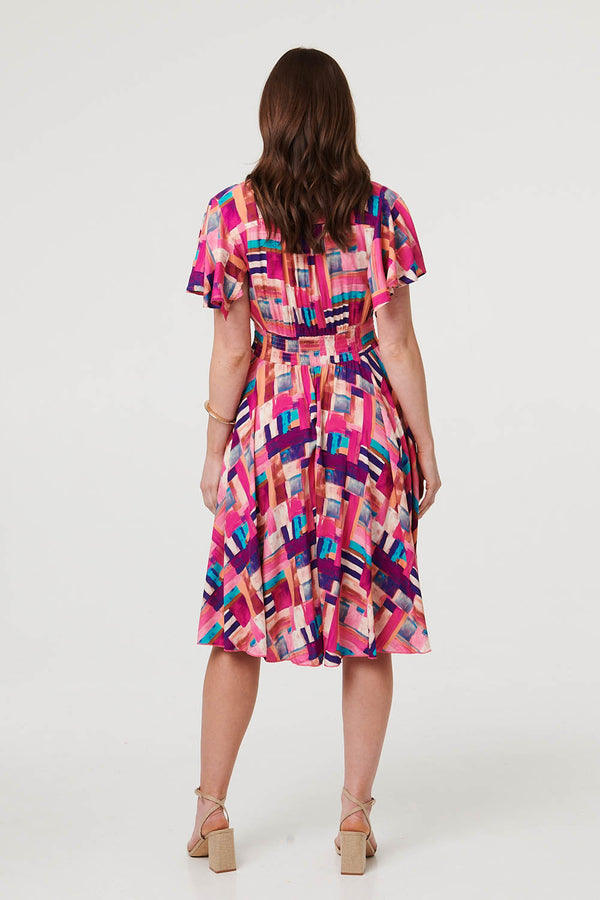 Pink | Geo Print Angel Sleeve Midi Dress