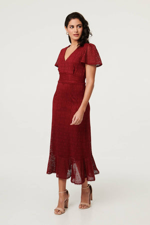 Red | Printed Lace Texture Slim Midi Dress