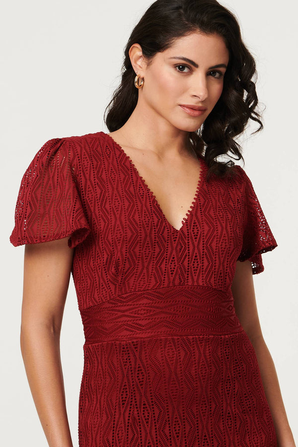 Red | Printed Lace Texture Slim Midi Dress