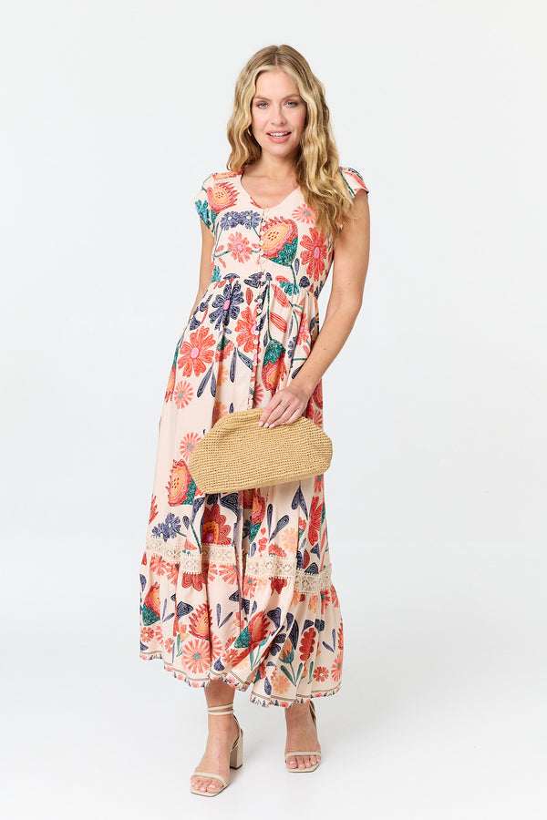 Orange | Floral Cap Sleeve V-Neck Maxi Dress