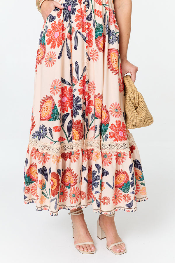 Orange | Floral Cap Sleeve V-Neck Maxi Dress
