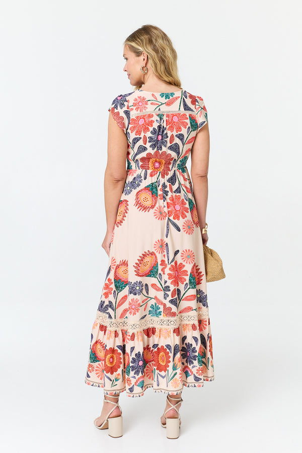 Orange | Floral Cap Sleeve V-Neck Maxi Dress