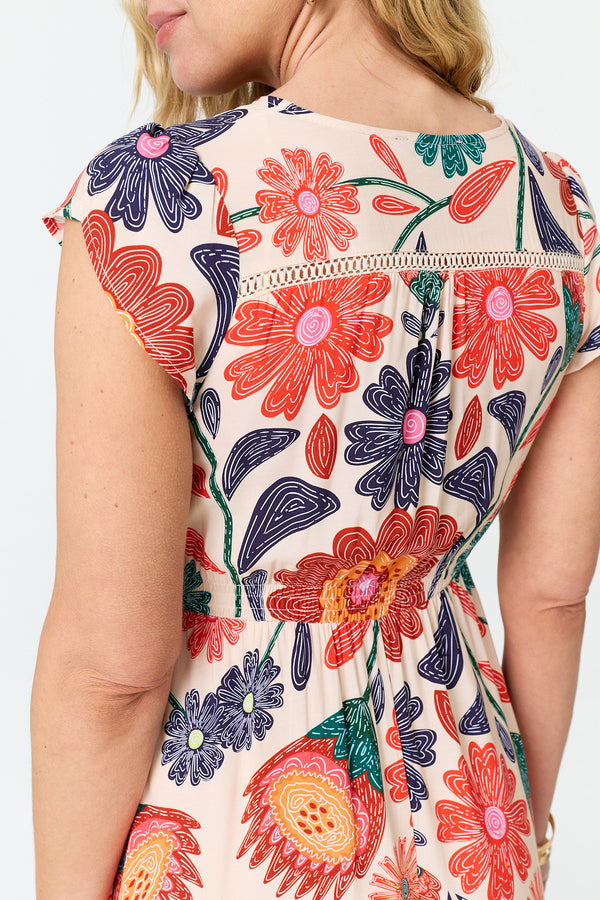 Orange | Floral Cap Sleeve V-Neck Maxi Dress