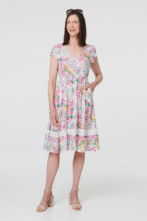 White | Floral Cap Sleeve Lace Knee Length Dress