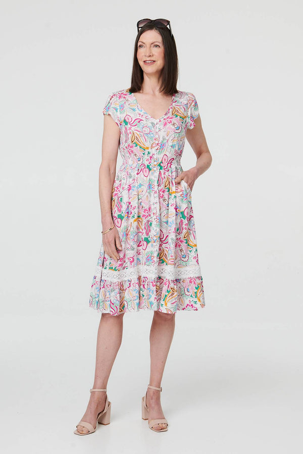 White | Floral Cap Sleeve Lace Knee Length Dress