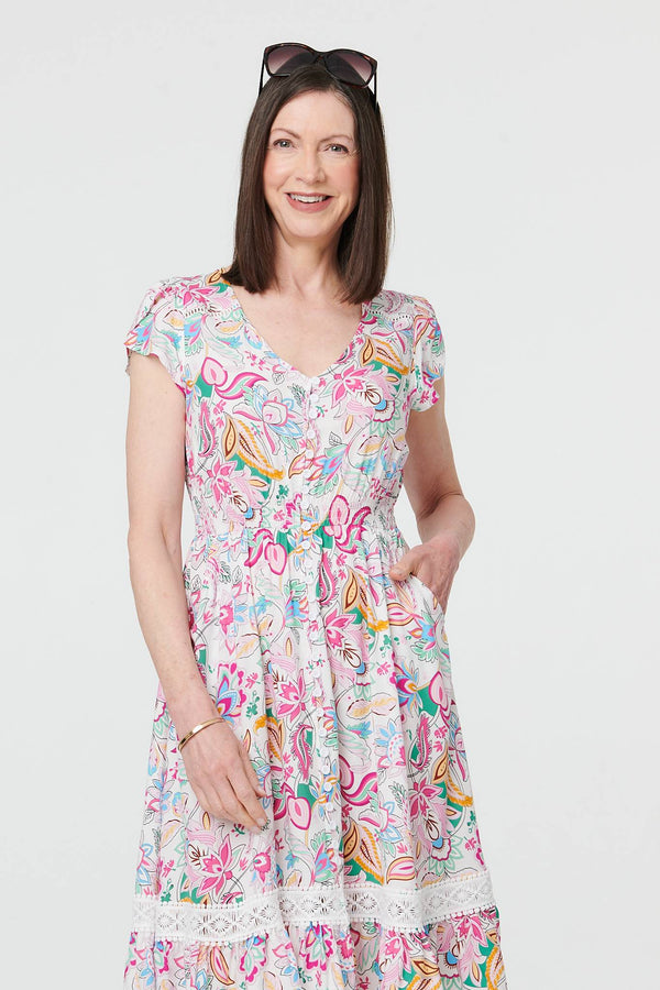 White | Floral Cap Sleeve Lace Knee Length Dress