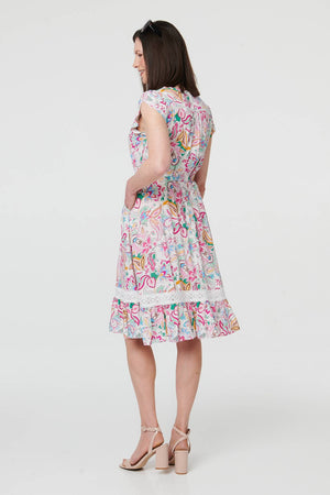 White | Floral Cap Sleeve Lace Knee Length Dress