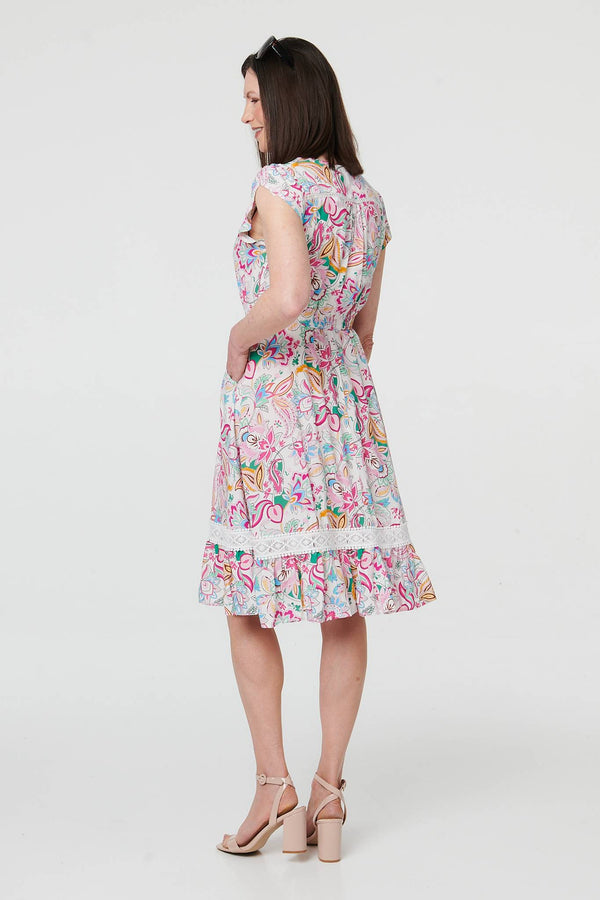 White | Floral Cap Sleeve Lace Knee Length Dress
