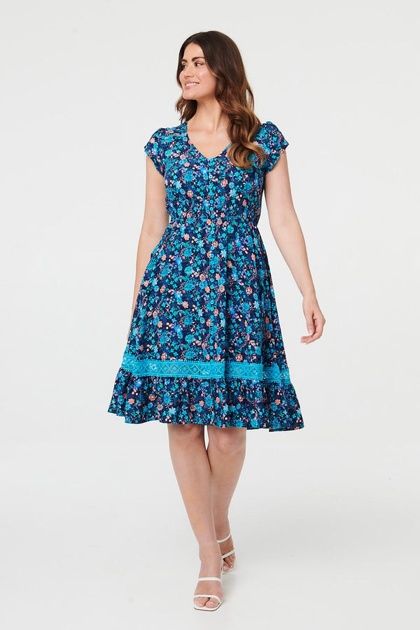 Navy | Ditsy Floral Lace Trim Knee Length Dress