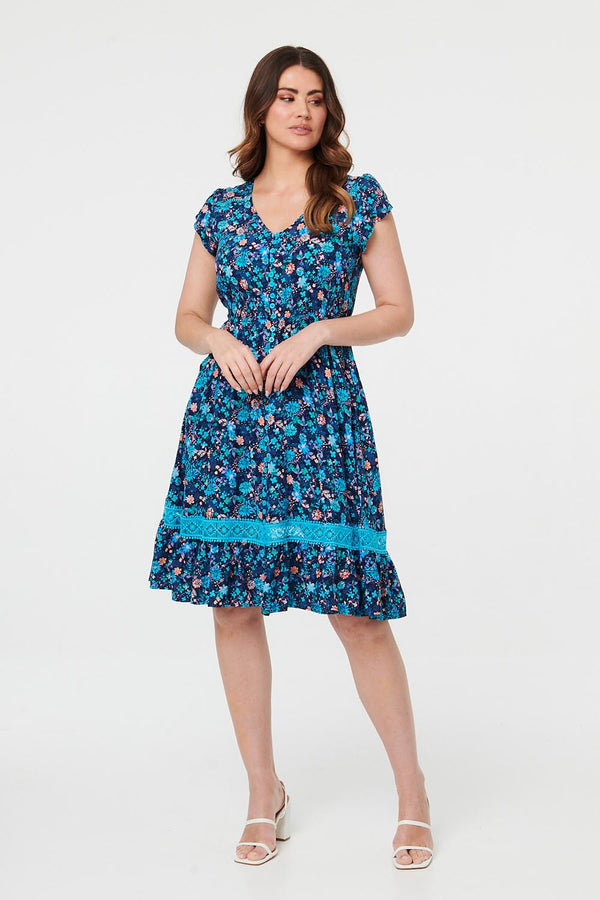 Navy | Ditsy Floral Lace Trim Knee Length Dress