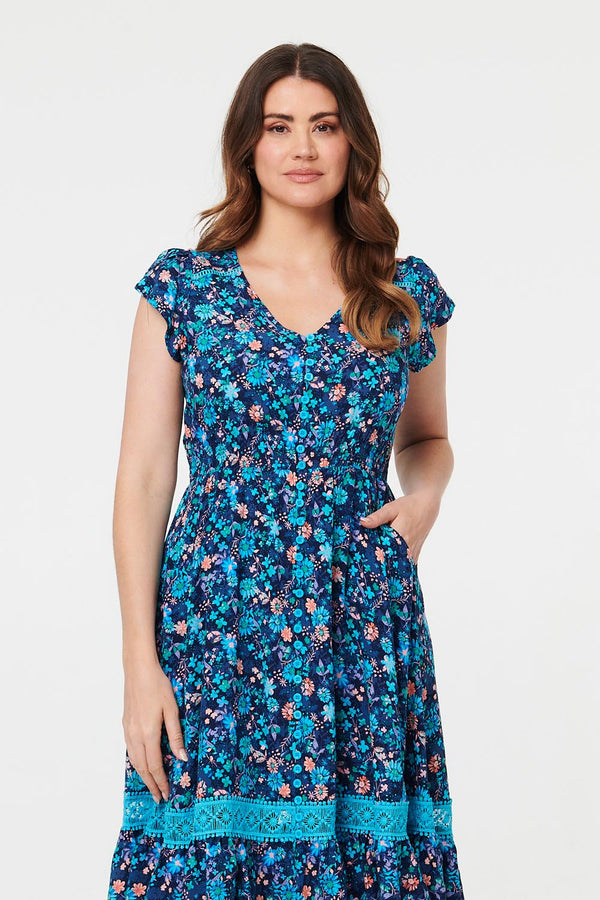 Navy | Ditsy Floral Lace Trim Knee Length Dress