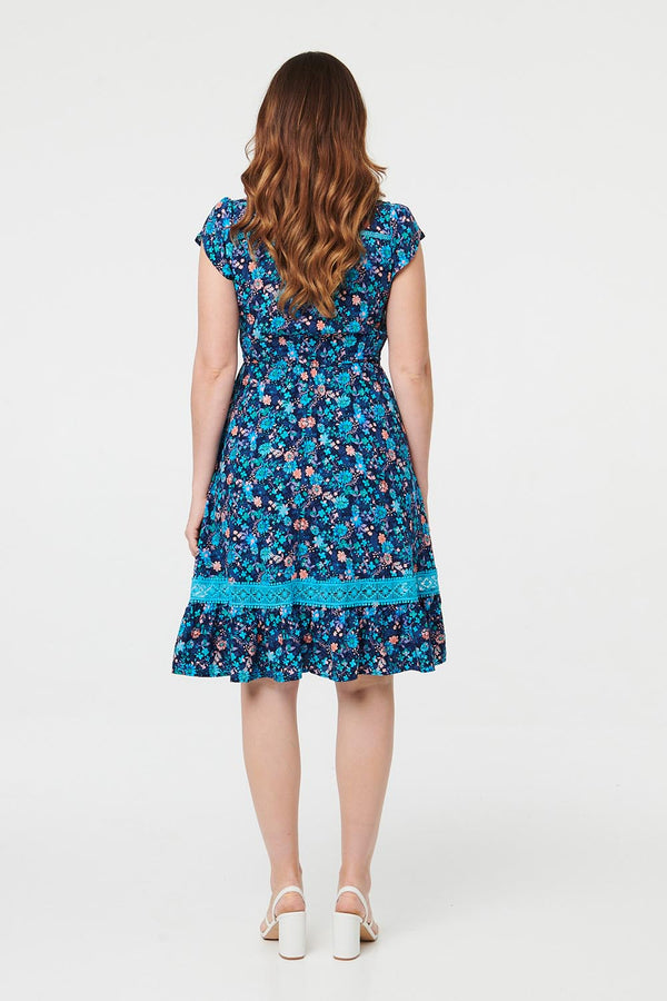 Navy | Ditsy Floral Lace Trim Knee Length Dress