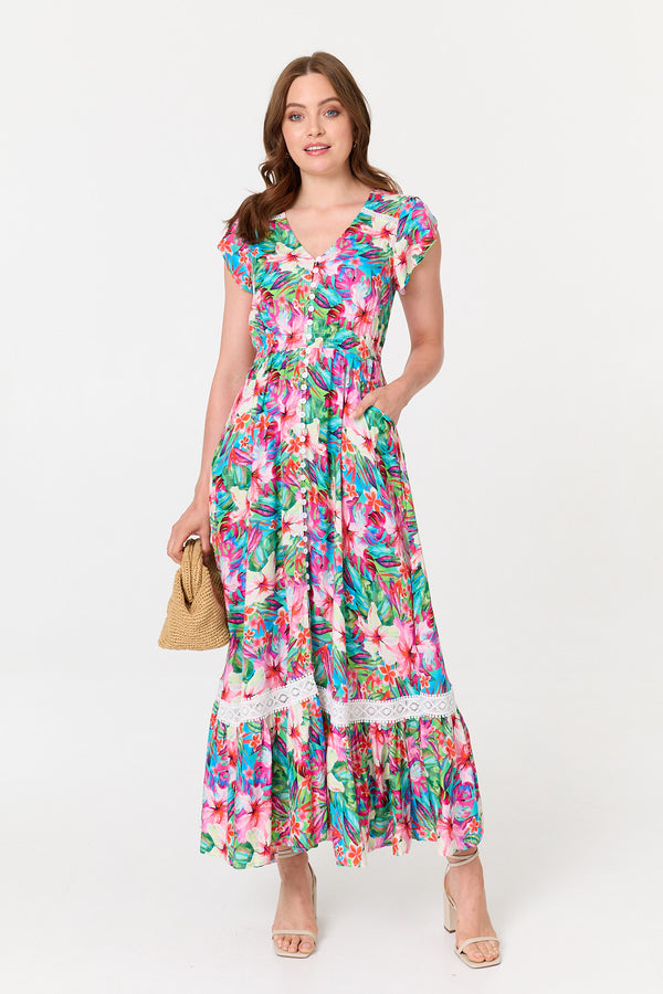 Pink | Floral Cap Sleeve Buttoned Maxi Dress
