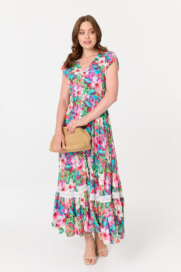 Pink | Floral Cap Sleeve Buttoned Maxi Dress
