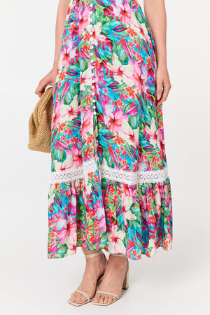 Pink | Floral Cap Sleeve Buttoned Maxi Dress
