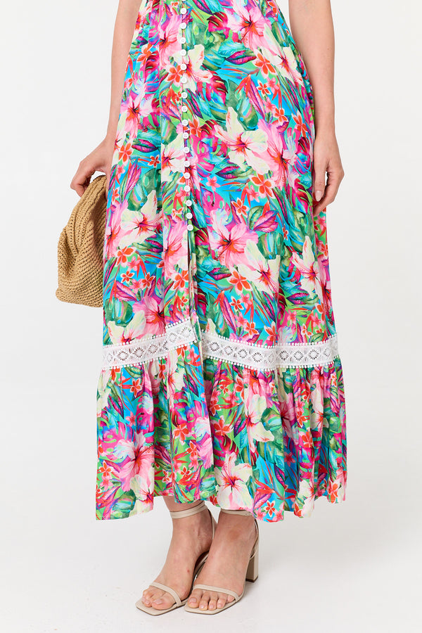 Pink | Floral Cap Sleeve Buttoned Maxi Dress
