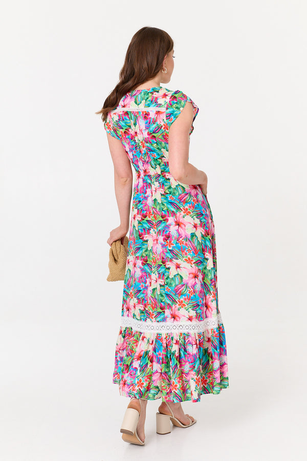 Floral Cap Sleeve Buttoned Maxi Dress