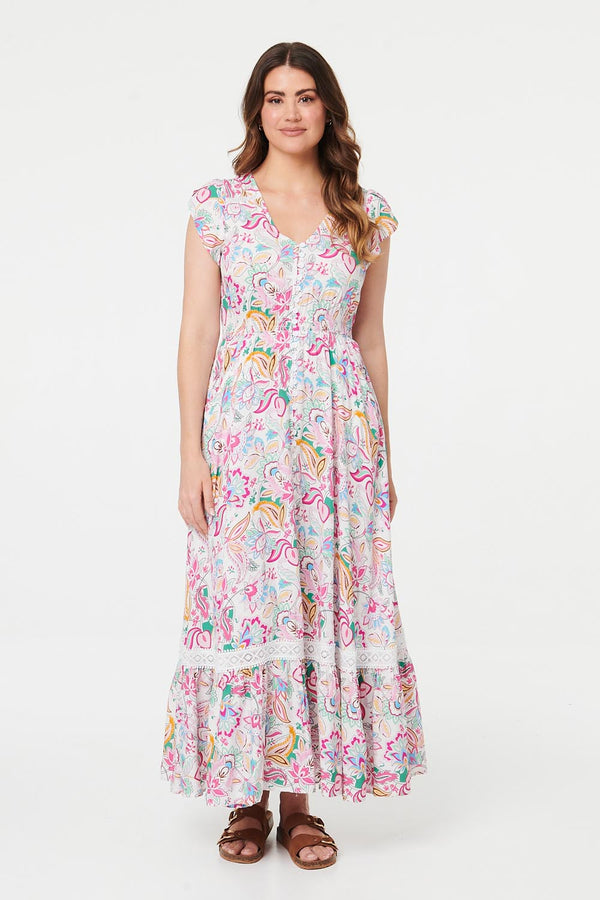White | Paisley Cap Sleeve Maxi Tiered Dress