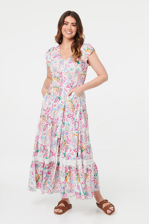 White | Paisley Cap Sleeve Maxi Tiered Dress