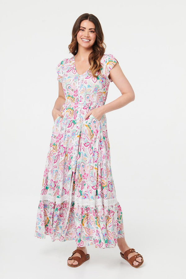 White | Paisley Cap Sleeve Maxi Tiered Dress
