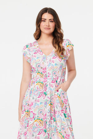 White | Paisley Cap Sleeve Maxi Tiered Dress