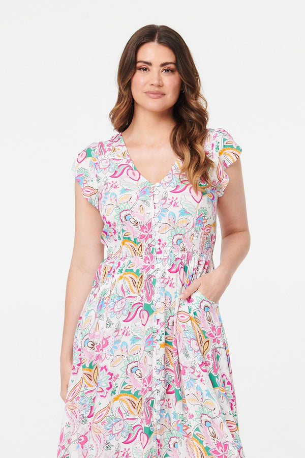White | Paisley Cap Sleeve Maxi Tiered Dress