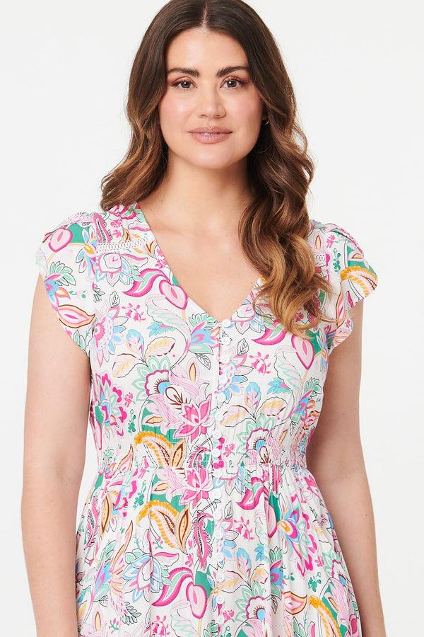 White | Paisley Cap Sleeve Maxi Tiered Dress