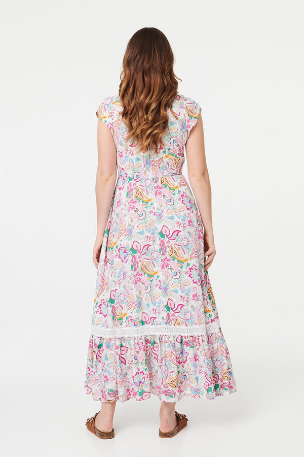 White | Paisley Cap Sleeve Maxi Tiered Dress