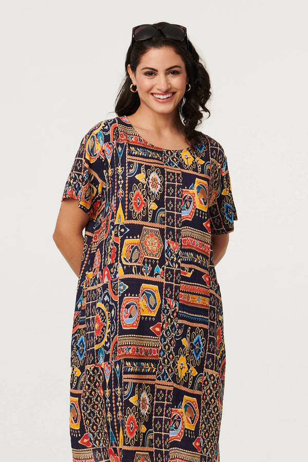 Navy | Abstract Print Short Shift Dress