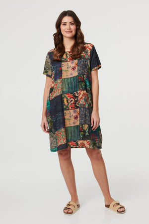 Green | Patchwork Print Short Sleeve Shift Dress