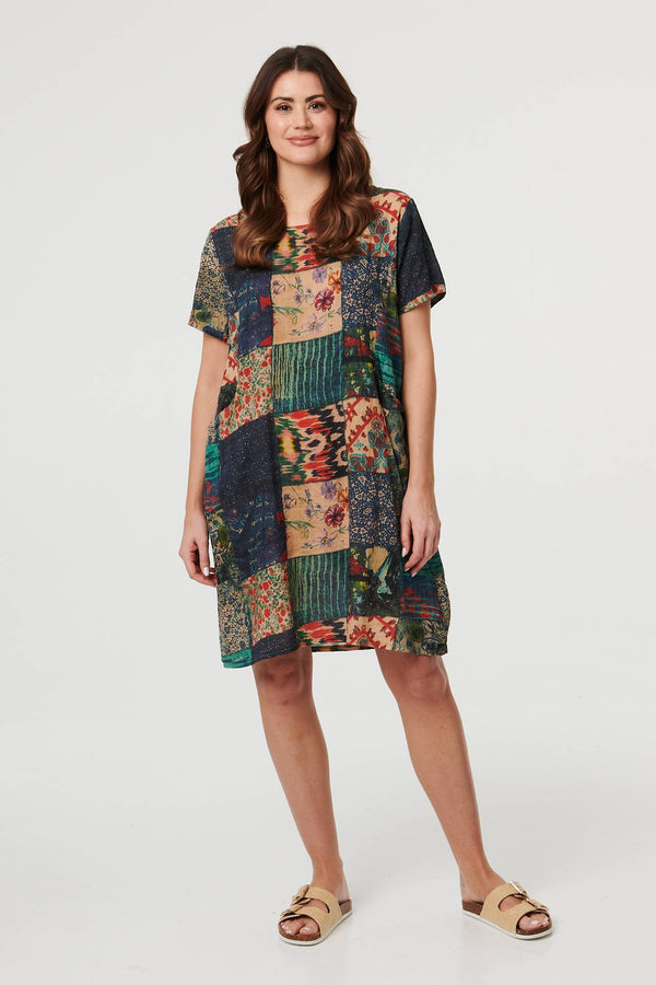Green | Patchwork Print Short Sleeve Shift Dress
