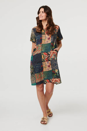 Green | Patchwork Print Short Sleeve Shift Dress