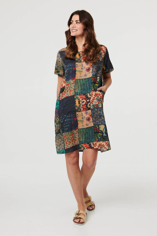 Green | Patchwork Print Short Sleeve Shift Dress