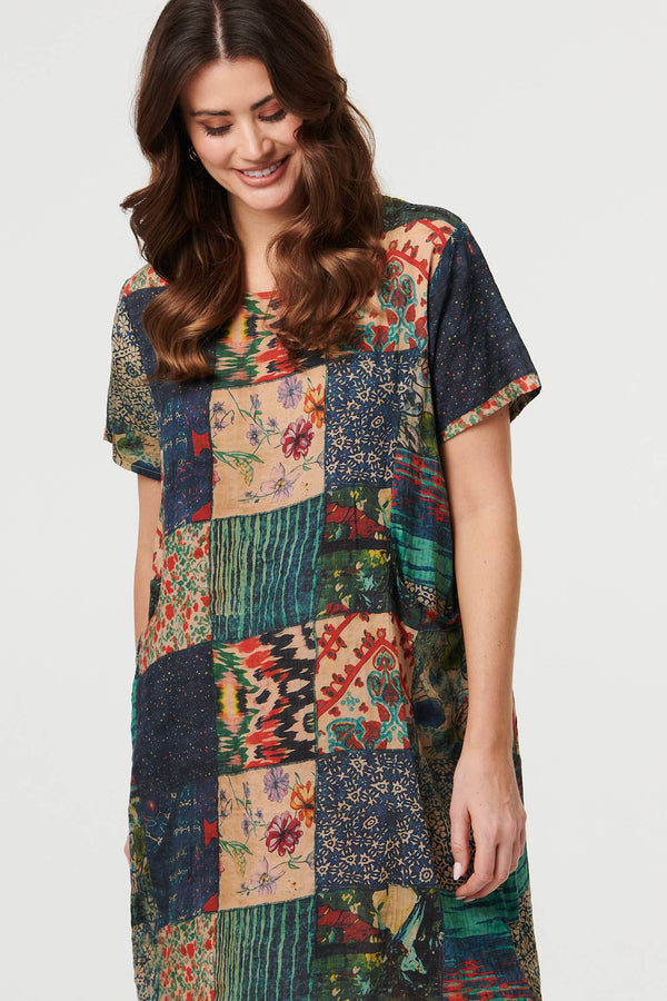 Green | Patchwork Print Short Sleeve Shift Dress