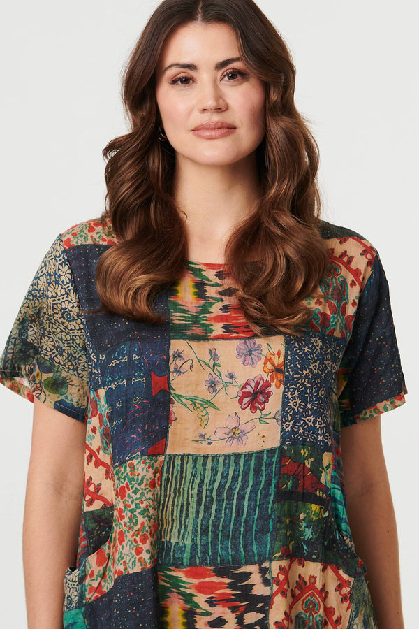 Green | Patchwork Print Short Sleeve Shift Dress
