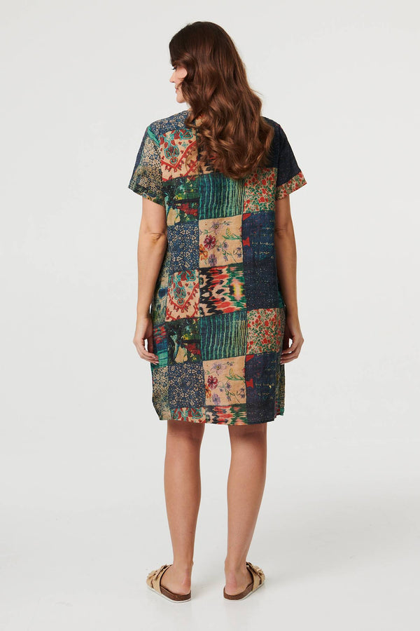 Green | Patchwork Print Short Sleeve Shift Dress