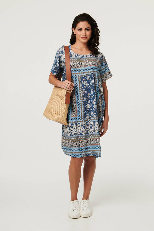 Blue | Mosaic Print Short Sleeve Shift Dress