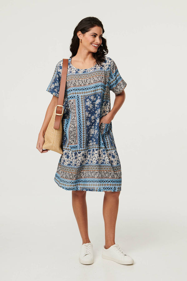 Blue | Mosaic Print Short Sleeve Shift Dress