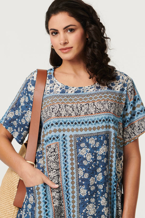 Blue | Mosaic Print Short Sleeve Shift Dress